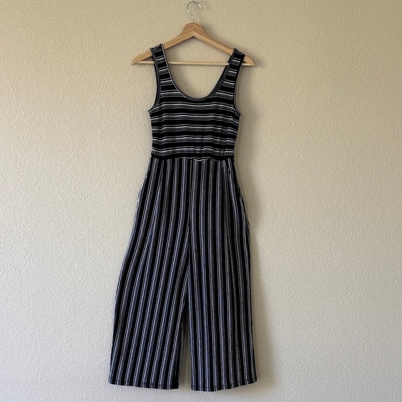 Rewash Pants - Rewind Striped Sleeveless Jumpsuit - Black and White- size S